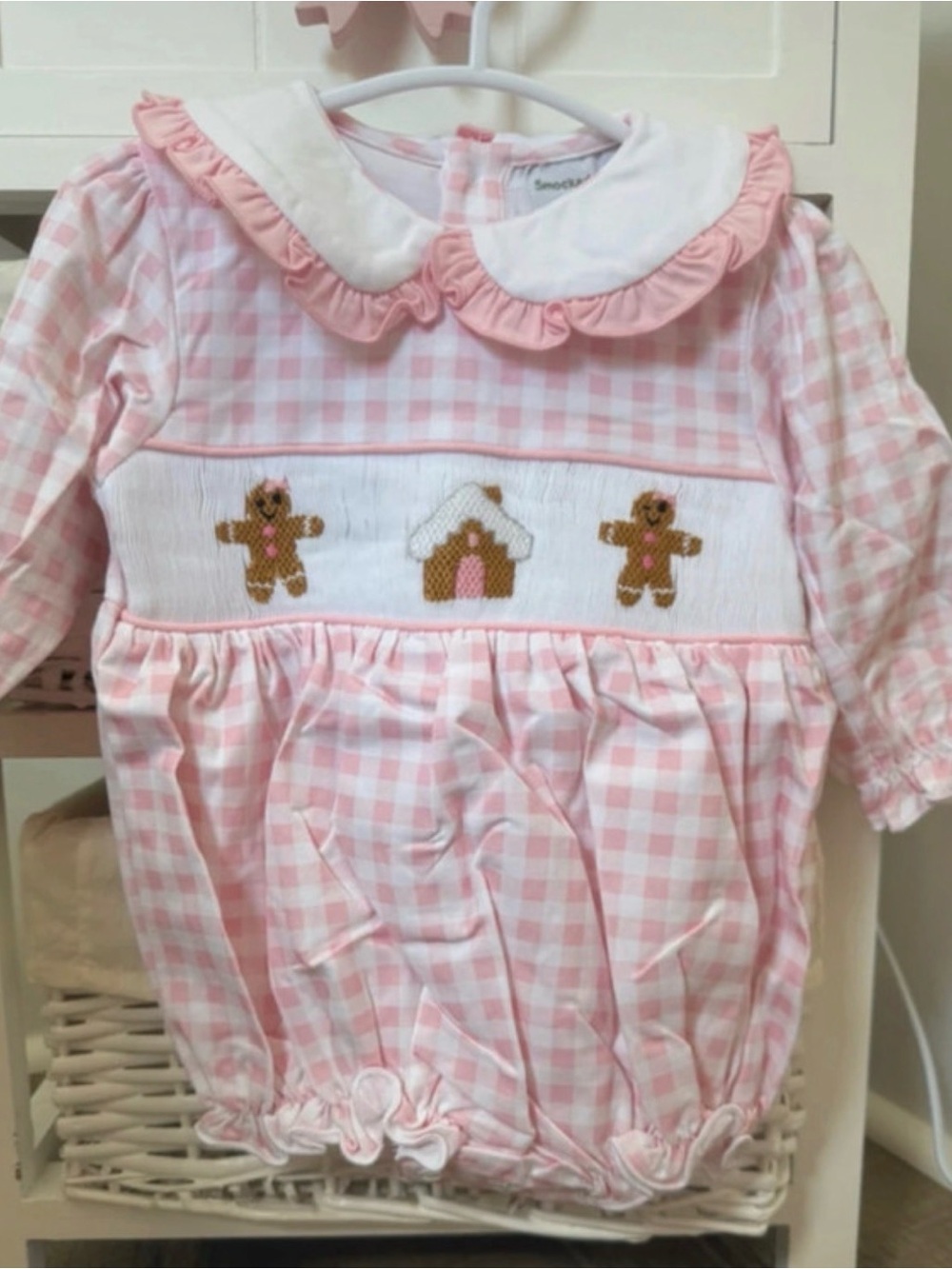 NIB 6m Pink Gingham Gingerbread Smocked Bubble